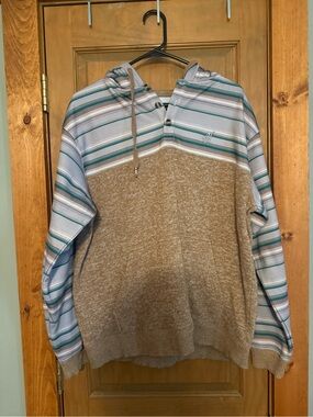 Hooey Striped Hooded Pullover in Tan and Blue